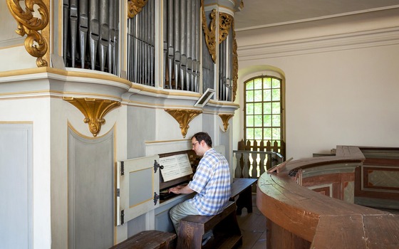 Mann spielt auf der Kirchenorgel mit großen Orgelpfeifen und goldenen Verzierungen; rechts ein hohes Fenster., Foto: Andreas Franke, Lizenz: Andreas Franke